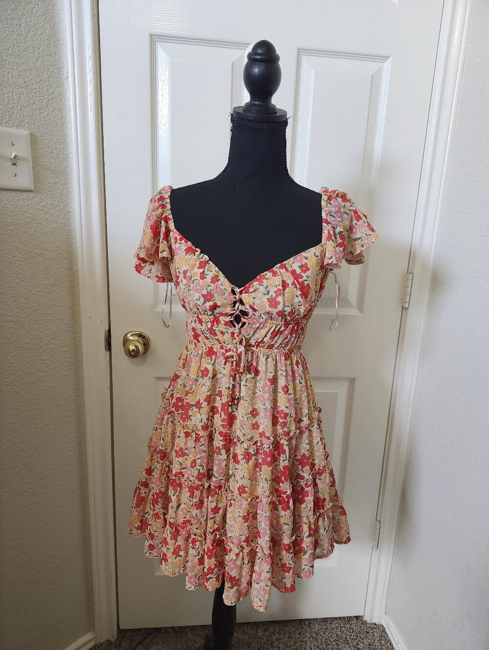 Y&I Floral Pink Tie-Front Sundress Smocked S
